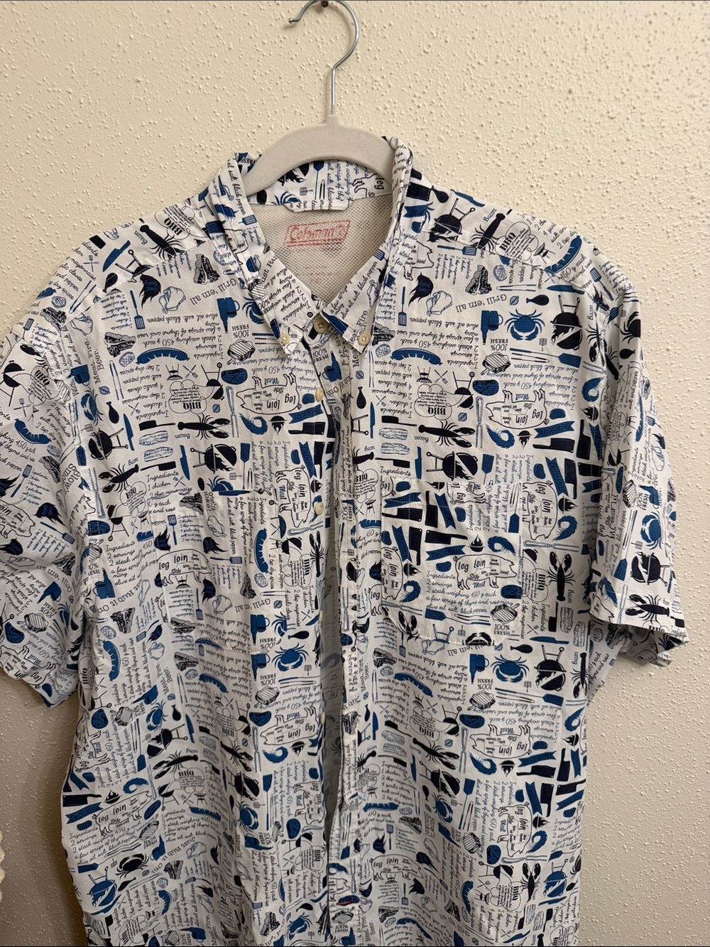 Coleman White Casual Button-Down Shirt with Blue Print
